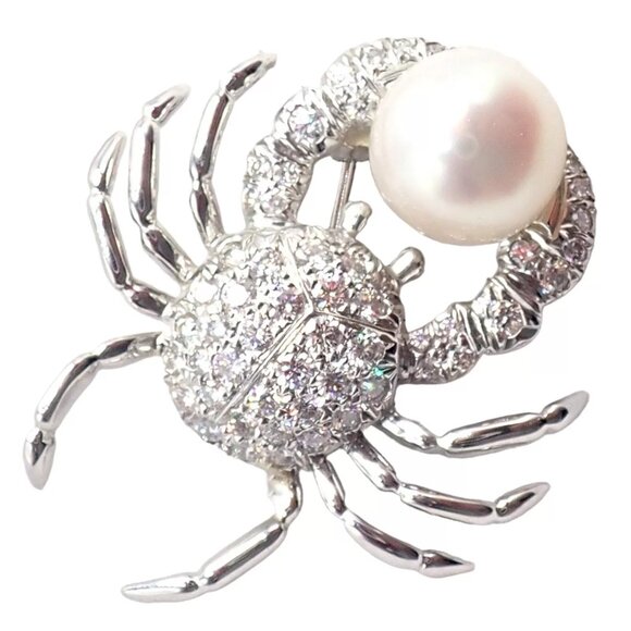 Rare! Authentic Tiffany & Co Platinum Crab 1.50ct Diamond 9mm Pearl Pin Brooch - Picture 9 of 12
